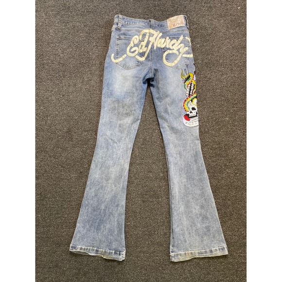 Ed Hardy Denim - Ed Hardy Flare Blue Jeans Womens 26x32 Tattoo Graphic Embroidered Skull Grunge